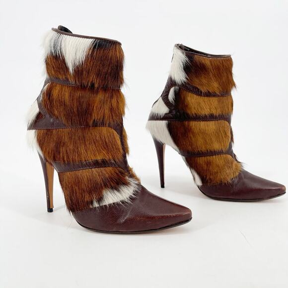 Manolo Blahnik Y2K Retro Aziz Cowhide Fur Leather Pointed Toe Heeled Boot IT 37 - Picture 3 of 14